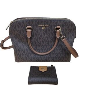 Michael Kors Signature Monogram Satchel Handbag & Wallet Set‎ Brown
